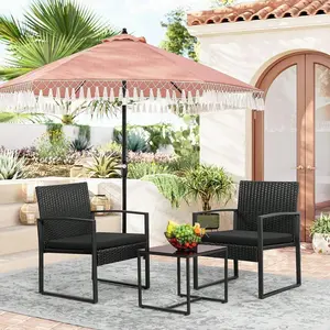 3 Pieces Patio Bistro Set, Wicker Outdoor Furniture, Modern Rattan Chairs With Coffee Table For Balcony, Porch, Garden, Poolside