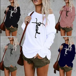 Off-the-shoulder Round Neck Printed Loose T-shirt Blouse Colorful Long