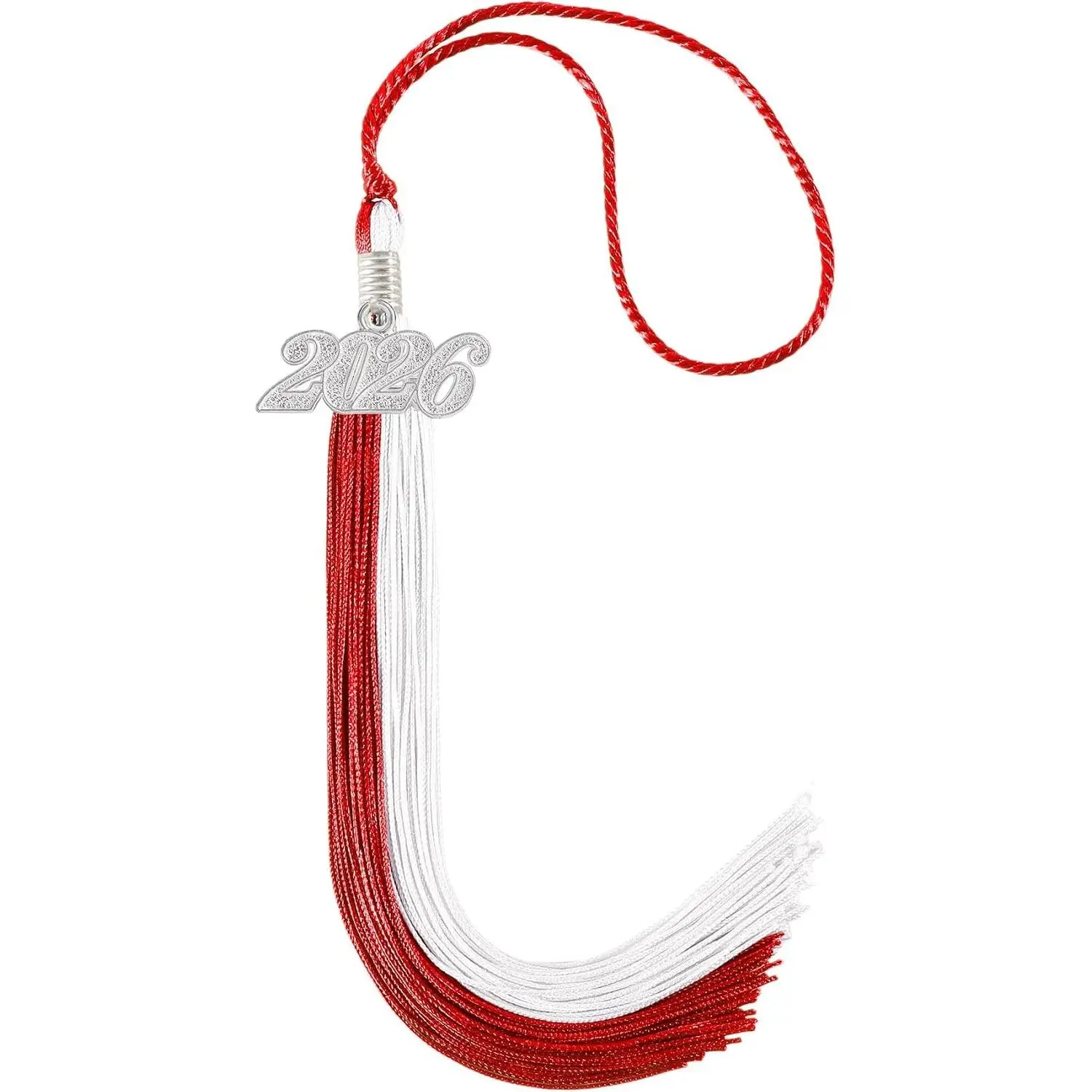 Graduation Tassel 2026 Double Color Tassel with Silver Year Charm 9 Inch Red and White