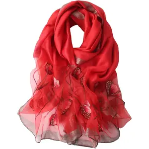 Purple Silk Scarf and Shawl - Elegant Embroidered scarves for Women Floral Pashmina shawls and wraps for weddings