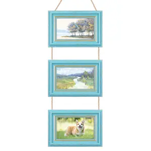 REGALWOVEN Hanging Collage Picture Frames Wall Decor, Photo Rustic Frame with Rope 4x6 Inch Blue Three Horizontal