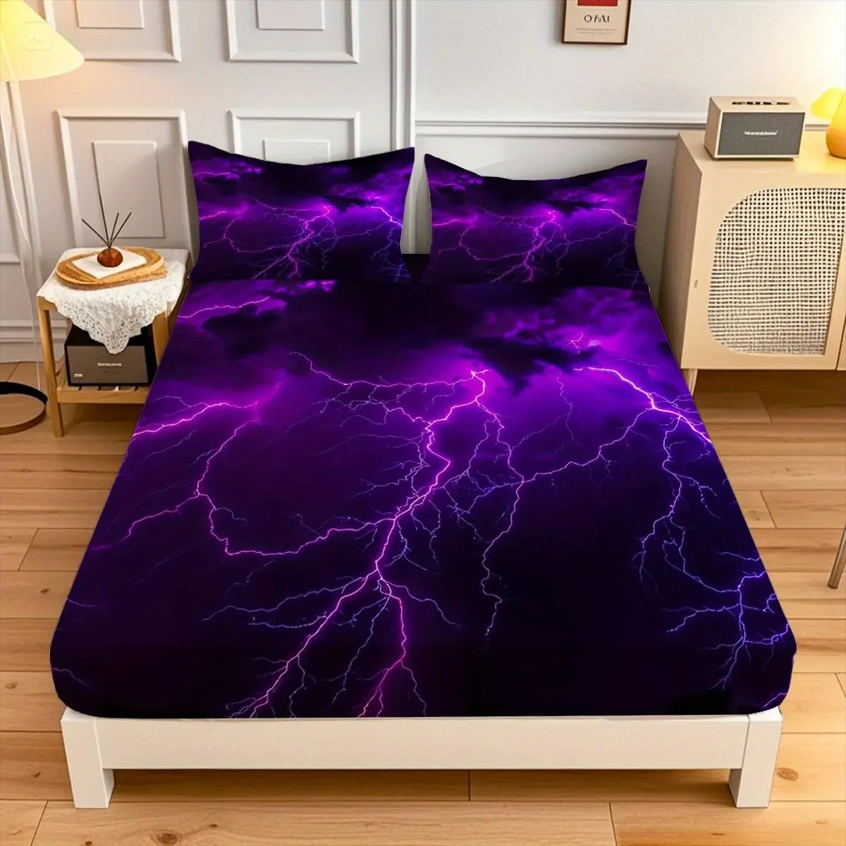 3PC Creative Fashion Purple Lightning Fitted , fitted mattress protector, polyester fabric, hypoallergenic, fully elastic, , easy to care for and , tear-resistant, perfect for all-season in homes and plus checker fl geometric c lux a twi elegant soft shee