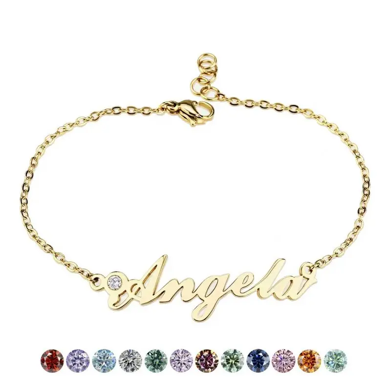 Women's Custom Name-Birthstone Bracelet, Unisex Wear Fashion Costume Jewelry with Crystal Accents and Name Charm