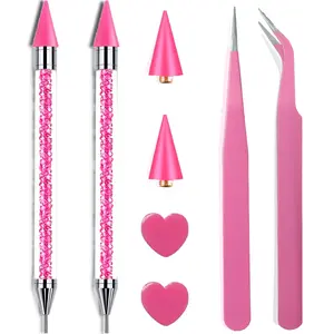 Pink Rhinestone Picker Tool Set - 2 Pcs Dual-Head Wax Pens with 2 Wax Tips and 2 Pink Tweezers, Wax Pencil for Rhinestones, Crystal Diamond Pickup Tool for Nail Art, Gem and Crystal Application Kit
