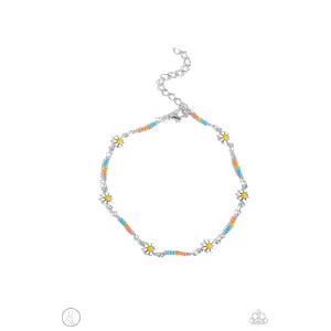 Sweetest Daydream - Orange Turquoise Yellow Flower Silver Anklet - Paparazzi
