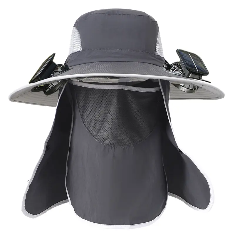 Solar Fan Hat for Men - Wide Brim Bucket Style with Detachable UV Neck Flap & Face Shield, Rechargeable Li-ion Battery for Hiking & Fishing
