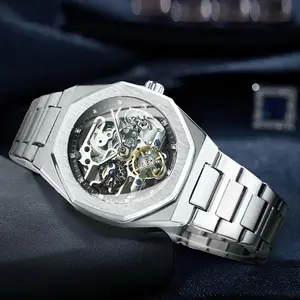 Classic Business Rhinestone Decorated Analog Mechanical Watch for Men, Luminous Hands Fashion Party Daily Decor Trendy Birthday Gift with Box