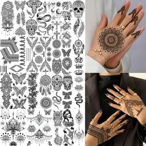 32 Sheets 89+ PCS Black Lotus Temporary Tattoos For Women Hands Adults Underboob, Tribal Indian Elephant Skull Snake Fake Tattoos, Bulk Bohemia Butterfly Tattoo Kit Sets Mandala Flower Moon