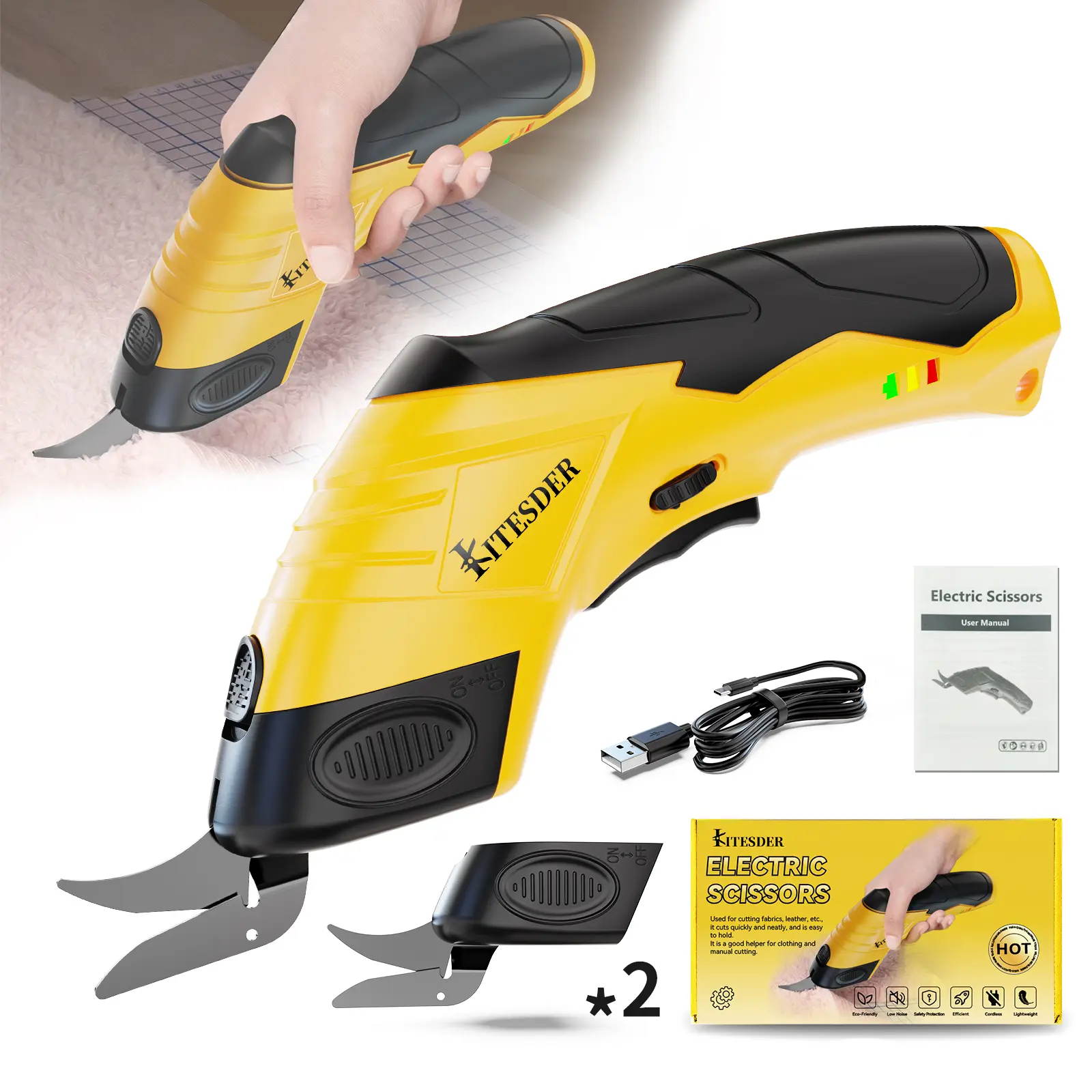 KITESDER Cordless Electric Scissors with 2 Alloy Tungsten Steel Blades - Home Improvement Wallpaper Tool for Cardboard Boxes, Fabrics, DIY Crafts