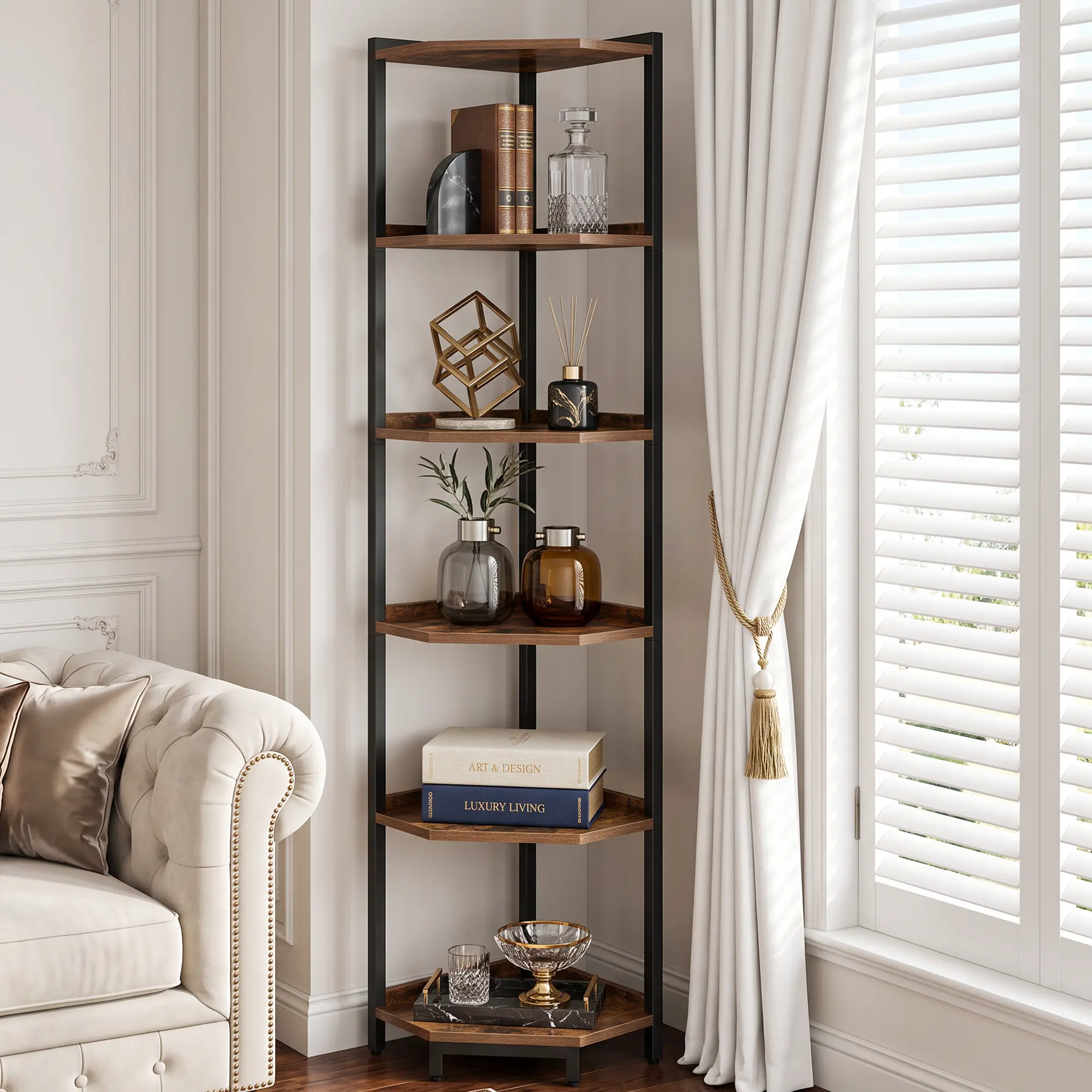 Hzuaneri Corner Shelf Stand, Corner Bookshelf, Storage Standing Shelf Unit with Metal Frame, Plant Stand, Bookcase for Living Room, Home Office, Bedroom