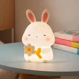 Children Night Light, Rabbit Holding Flower Silicone Baby Night Light, Rechargeable Table Lamp Bedside Lamp, Cute Room Decor Night Light