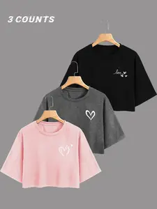 Women's Heart Print Round Neck Crop Tee, Casual Short Sleeve Crew Neck T-shirt for Summer, Fashion Women's Top for Daily Wear, Womenswear