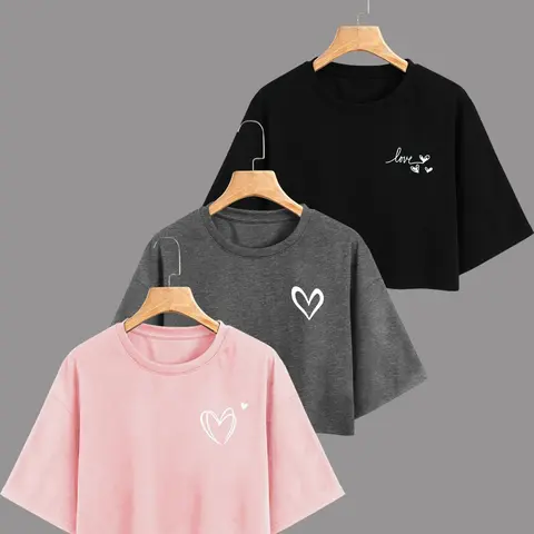 Women's Heart Print Round Neck Crop Tee, Casual Short Sleeve Crew Neck T-shirt for Summer, Fashion Women's Top for Daily Wear, Womenswear Lady, Casual Loose Crop, Casual Tops
