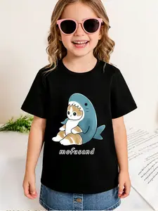 Girls' Mofusand Shark Cat T-Shirt, Cute Cartoon Print, Short Sleeve, Comfortable Breathable Fabric, Casual Fashion Clothing