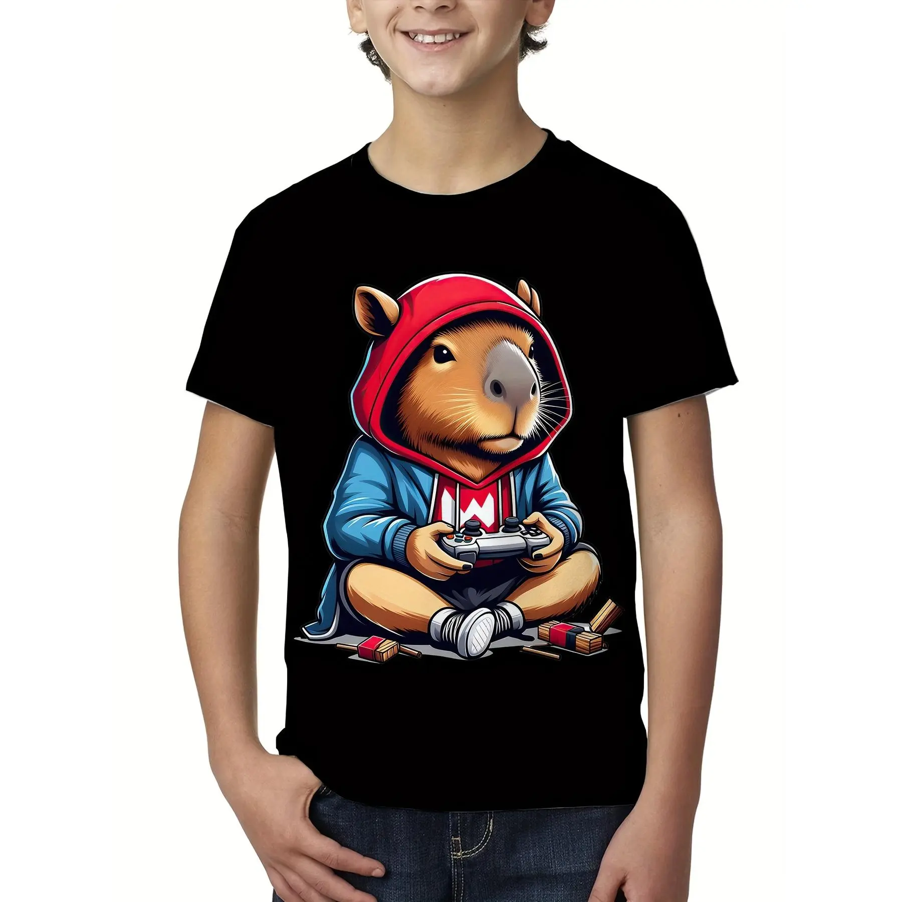 Kids' Sports 3D Print Capybara T-Shirt - Funny Graphic, Casual Comfy, Lightweight Short-Sleeve, Cool Summer Wear for Boys, Casual Comfy Shirt
