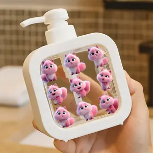 Creative Bathroom Dispenser with Hand Pump - 3x3 Grid Pink Fluffy Cats 3D Animation Design, Cute Round Puffy Cat Characters with Blue Eyes, White Chest & Pink Fur, Adorable Bathroom Decor for Soap, Lotion, Ideal for Cat Lovers