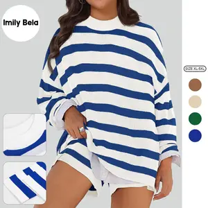 Imily Bela【XL-5XL】Womens Plus Size Lounge Sets Striped Knit 2 Piece Sweater Set Long Sleeve Tops and Shorts Oversized Outfits