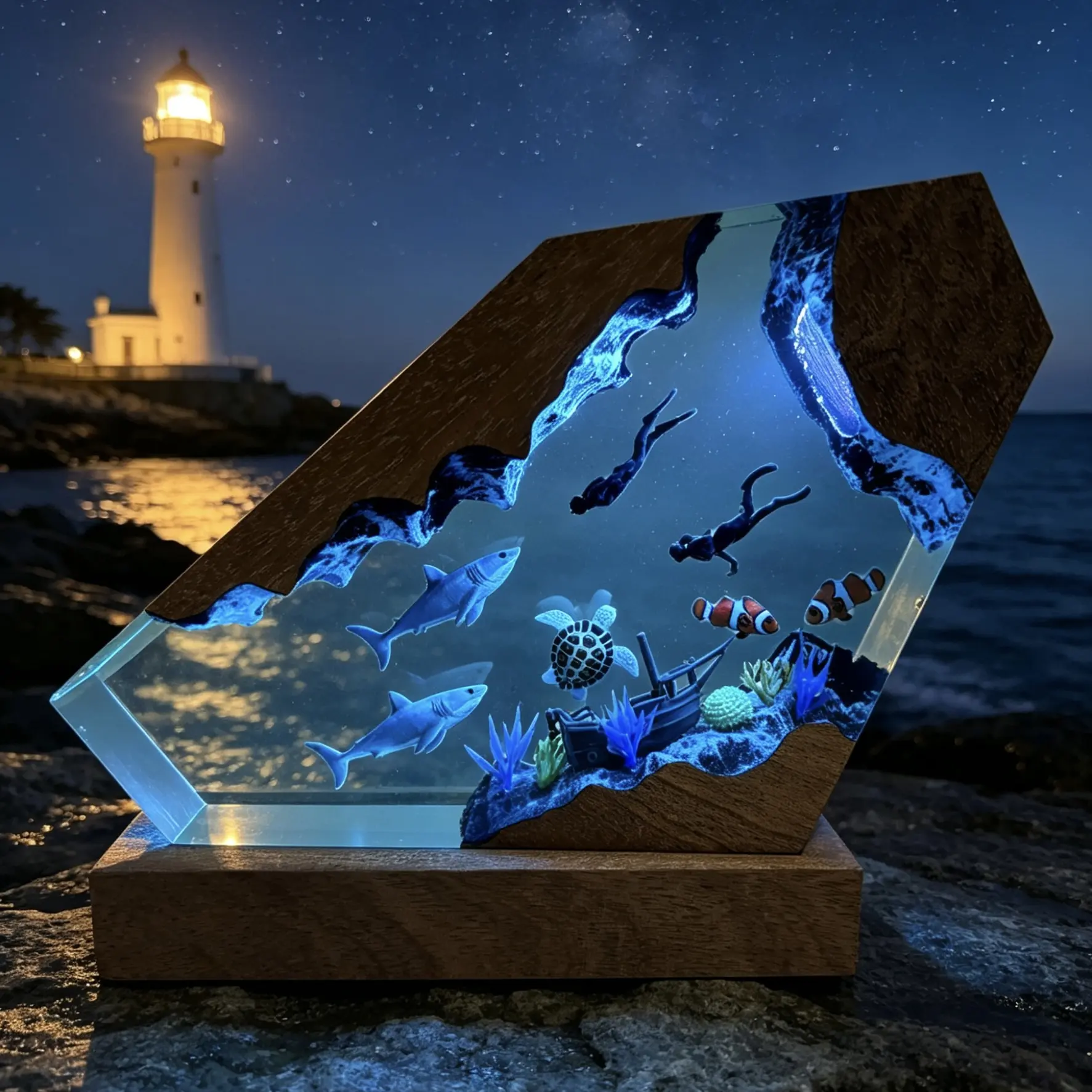 Shark Ocean Resin Lamp Handmade Scuba Diver Resin Night Light USB Powered Table Lamp with Wooden Base, 3D Miniature Scene Desk Decor Ornament, Diving Enthusiast Collection Home Office Bar Decoration Best Beautiful Gifts for Girlfriend Family