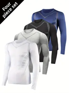 4pcs Set Men'S Spring Autumn Compression Training Long Sleeve Athletic Fitness Wear Basketball Sweat-Wicking Quick-Dry Compression Suit