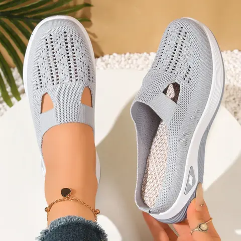 Women's Hollow Out Knit Mesh Slip-On Mules, No Heel Soft Sole Anti-Slip Thick Bottom, Casual Outdoor Shoes for Spring Summer