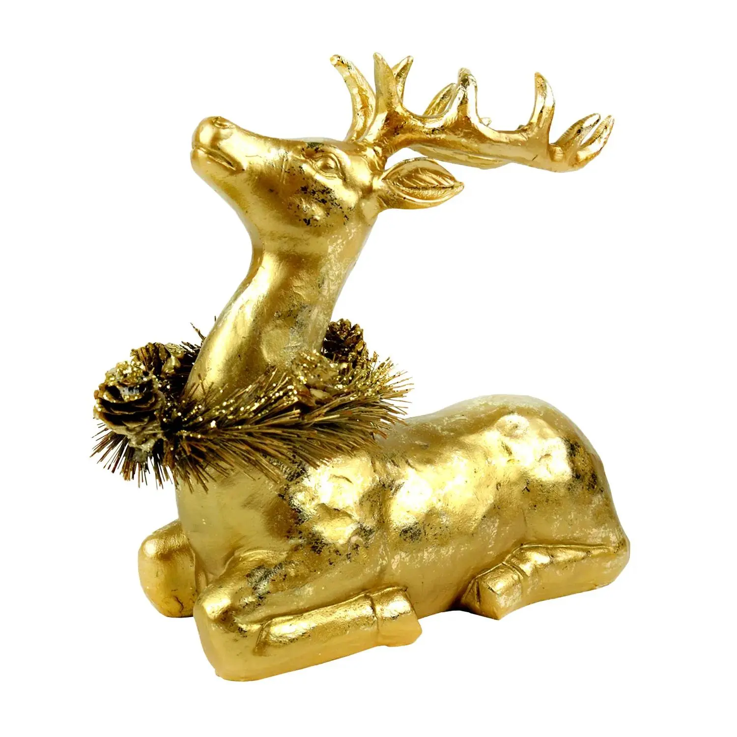 Resin Lying Deer Statue Wearing Wreath - 8 1/4" x 2 3/4" x 8" Indoor Display Home Decor, Wedding Festive Decoration
