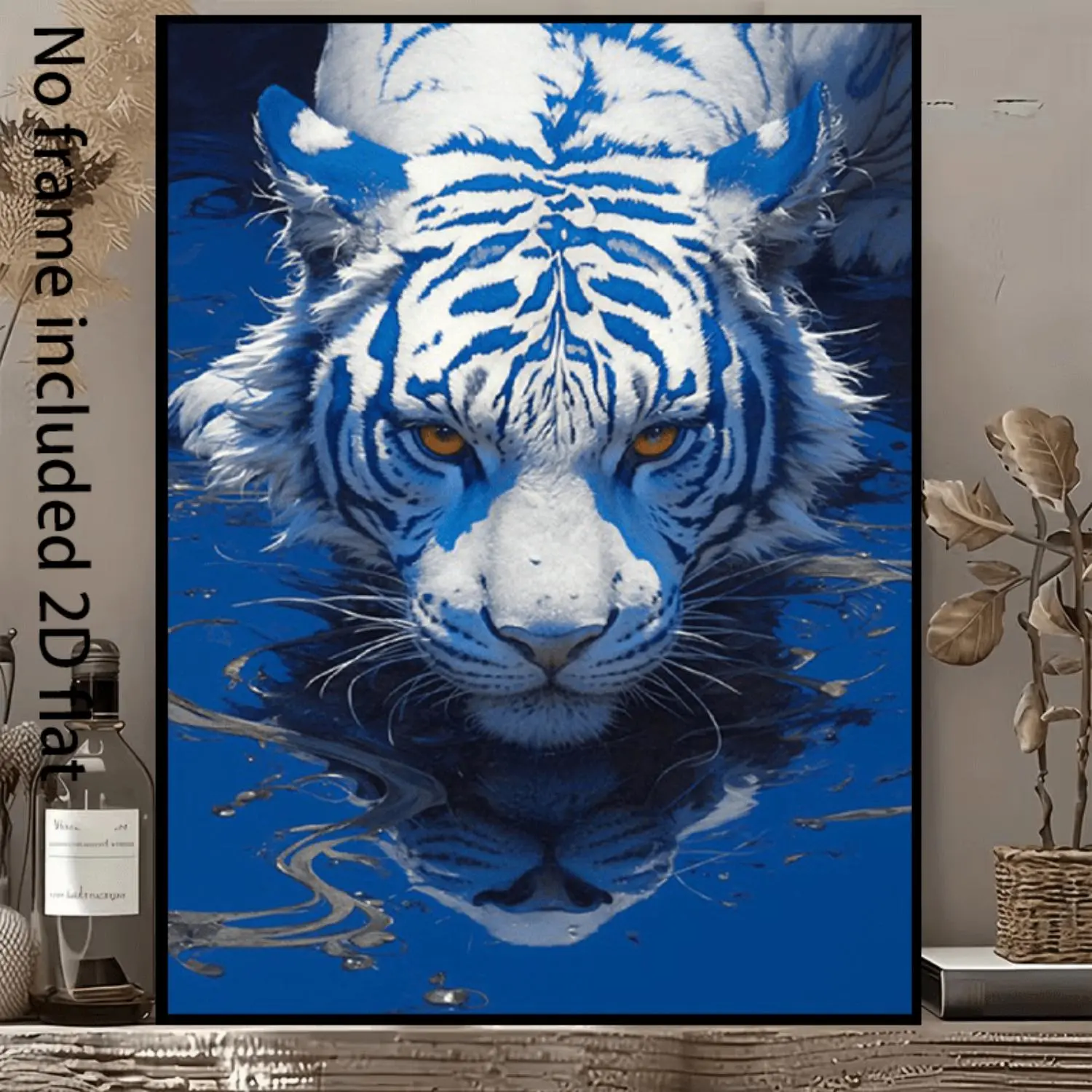 2D Flat, 1pc Vertical Blue White Tiger Water Reflection Canvas Painting - Modern Minimalist Suitable for - Frameless Wall, Vertical Suitable for Bedroom,, Decor, / Tiger Themed Decoration, 2D Flat