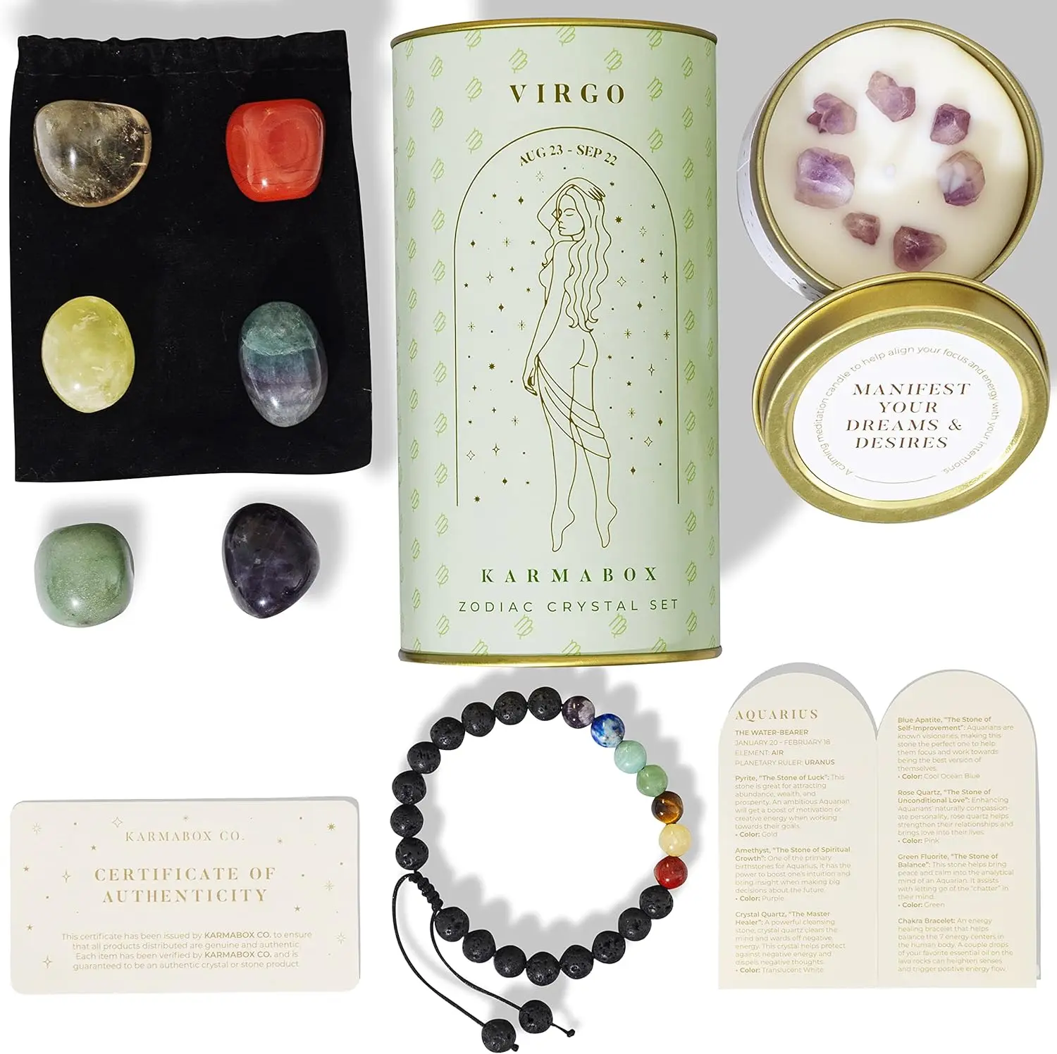 VIRGO Zodiac Crystal Set - Healing Stones & Tumbled Crystals Gift Box - Astrology Gifts for Women, Spiritual Birthday Gifts, Horoscope Manifestation Kit with Healing Bracelet, Stones for Meditation, Wellness & Energy Balancing, Unique Celestial