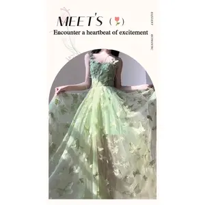 Forest-style light green runaway princess evening dress for women, luxurious, niche, high-end with three-dimensional butterflies, suitable for birthday parties