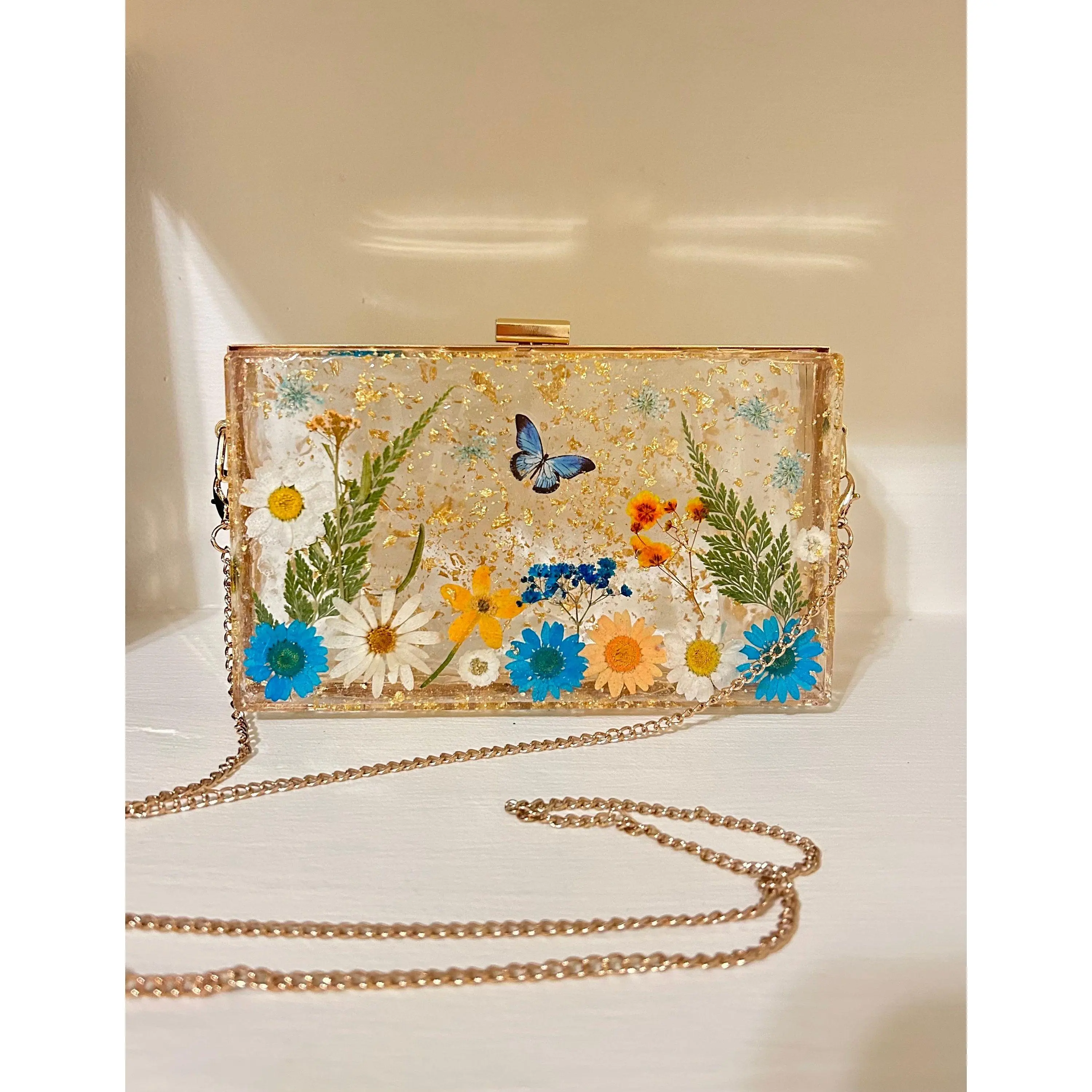 Custom resin clutch purse with real dried flowers