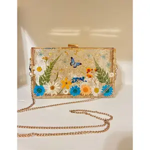 Custom resin clutch purse with real dried flowers