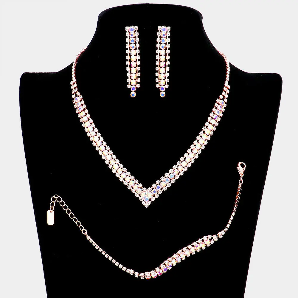 3 Piece AB Rhinestone Necklace Set on Rose Gold| Homecoming Necklace | Homecoming Jewelry | 536771
