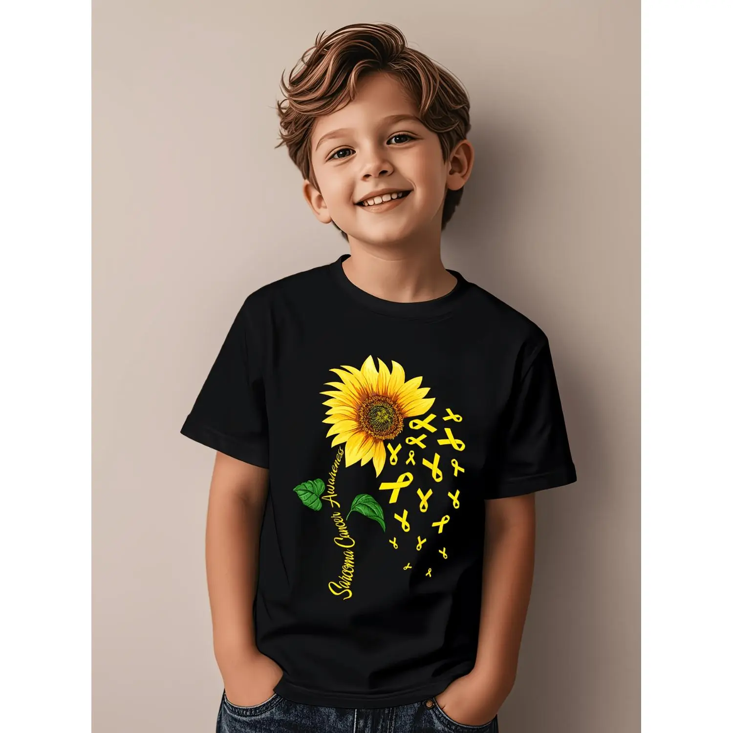 Sunflower Yellow Ribbon Sarcoma Cancer Awareness Day Fighter Funny Awesome Graphic Kid T-Shirt Popular Kid T Shirts Trendy Cool Tees Tops for Kid