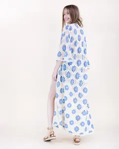 Petunia Floral Crochet Half Sleeve Maxi Kimono Cardigan – Boho Lightweight Open Front Duster