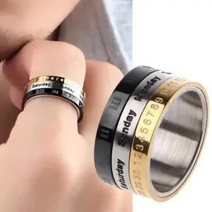 Men Stainless Steel Punk Rotatable Spinner Date Time Calendar Roman Numerals Finger Anxiety Fidget Ring Fashion Party for Women