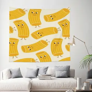 2D Flat, 1pc Large 51x60 Inch Italian Pasta Rigatoni Pasta Tapestry Wall Hanging - Cute Smiling Spaghetti-Like noodles on Beige & Mustard-Yellow, Durable Fabric-Like Italian Theme Decor for ' Room, Party,, Italian Kitchen, 2D Flat, Tapestries