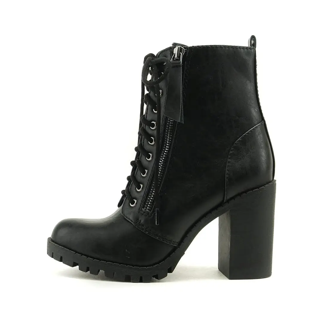 Soda Women's Malia Black Chunky High Heel Combat Army Military Riding Ankle Boots Lace Up Booties with Side Zipper Casual Shoes