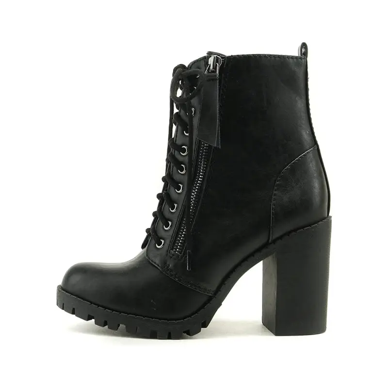Soda Women's Malia Black Chunky High Heel Combat Army Military Riding Ankle Boots Lace Up Booties with Side Zipper Casual Shoes