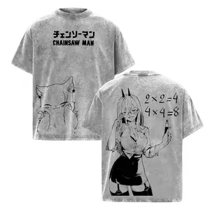 Vintage Power Blood Fiend CSM Chainsaw Man Oversized Graphic Tee Heavyweight Acid Wash Cotton Double Printed T Shirt Y2K Streetwear Gym Pump Cover Japanese Anime Manga Dark Aesthetic Emo Grunge Devil Hunter Outfits Merch Perfect Fan Gift Top Unisex