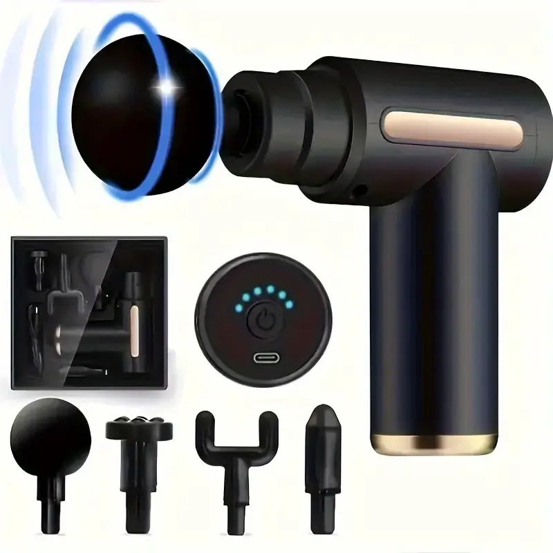 Adjustable Hand-Held Vibratory Massage Gun, 6-Speed Deep Tissue Portable Massage Machine, 1200mAh Rechargeable Battery, 15-Min Timer, 3-5 Sec Start, 4 Attachments, Ultra-Quiet Motor, Fitness Equipment for Neck Relief, Vibratory Massager