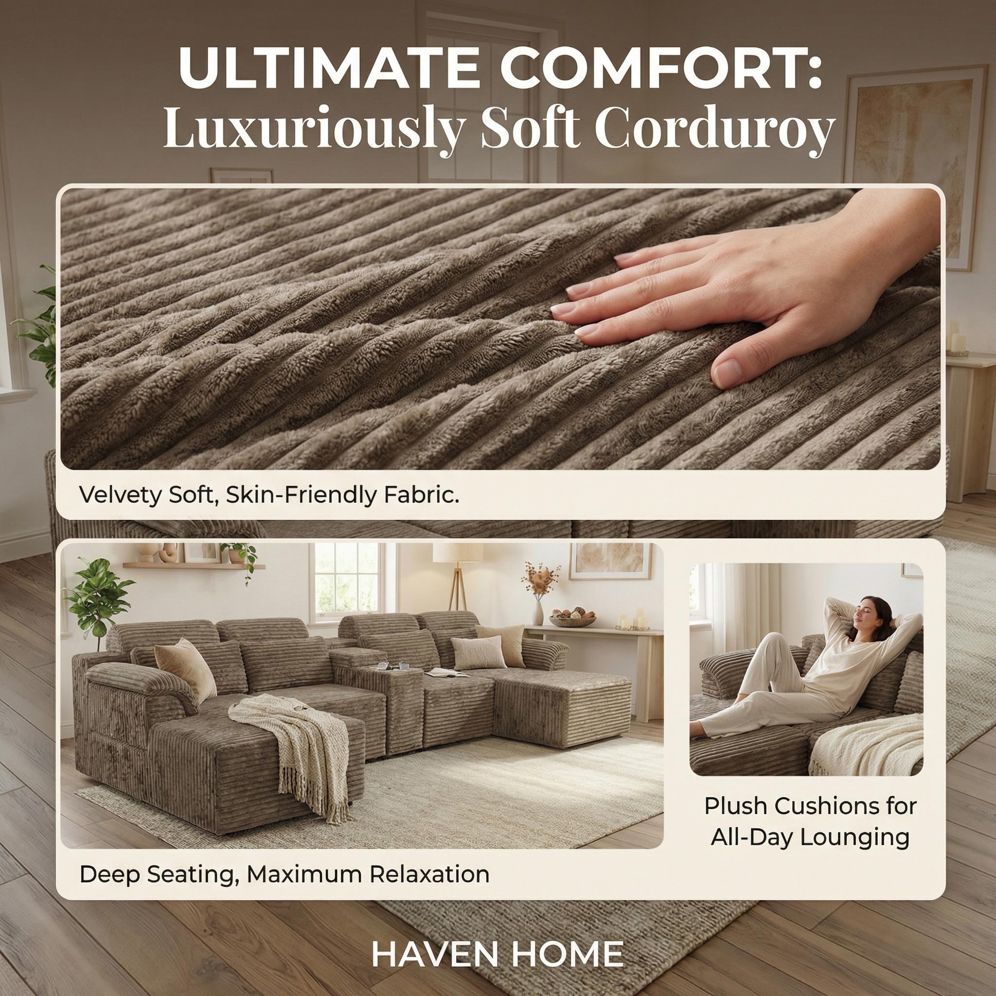 Modern Modular Corduroy Sectional Sofa, L Shaped Corner Couch with Built-in Cup Holders & Movable Ottoman for Living Room Apartment