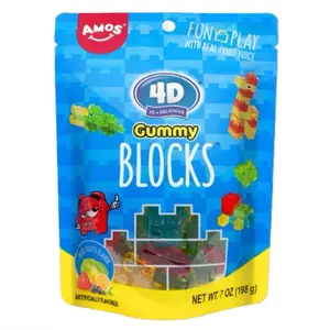 Amos 4D Gummy Blocks with Real Fruit Juice, 7oz Snack, Fun Play with Artificially Perfused Characters Sweet Candy