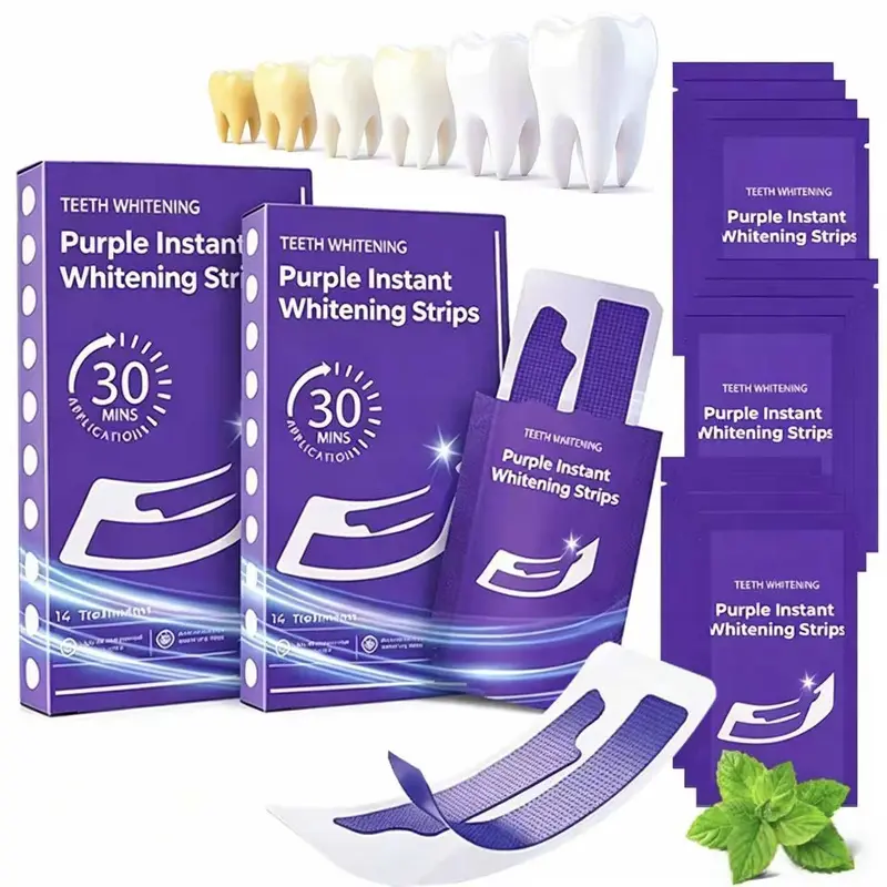 Teeth Whitening Strips for Adults, 14 Full Treatments, 30 Minutes Daily Use, At Home Dental Brightening, Enamel-Safe for Sensitive Teeth, Peroxide-Free Purple Color Correction, Peppermint Gentle Gel, Yellow Stain & Bad Breath Remover