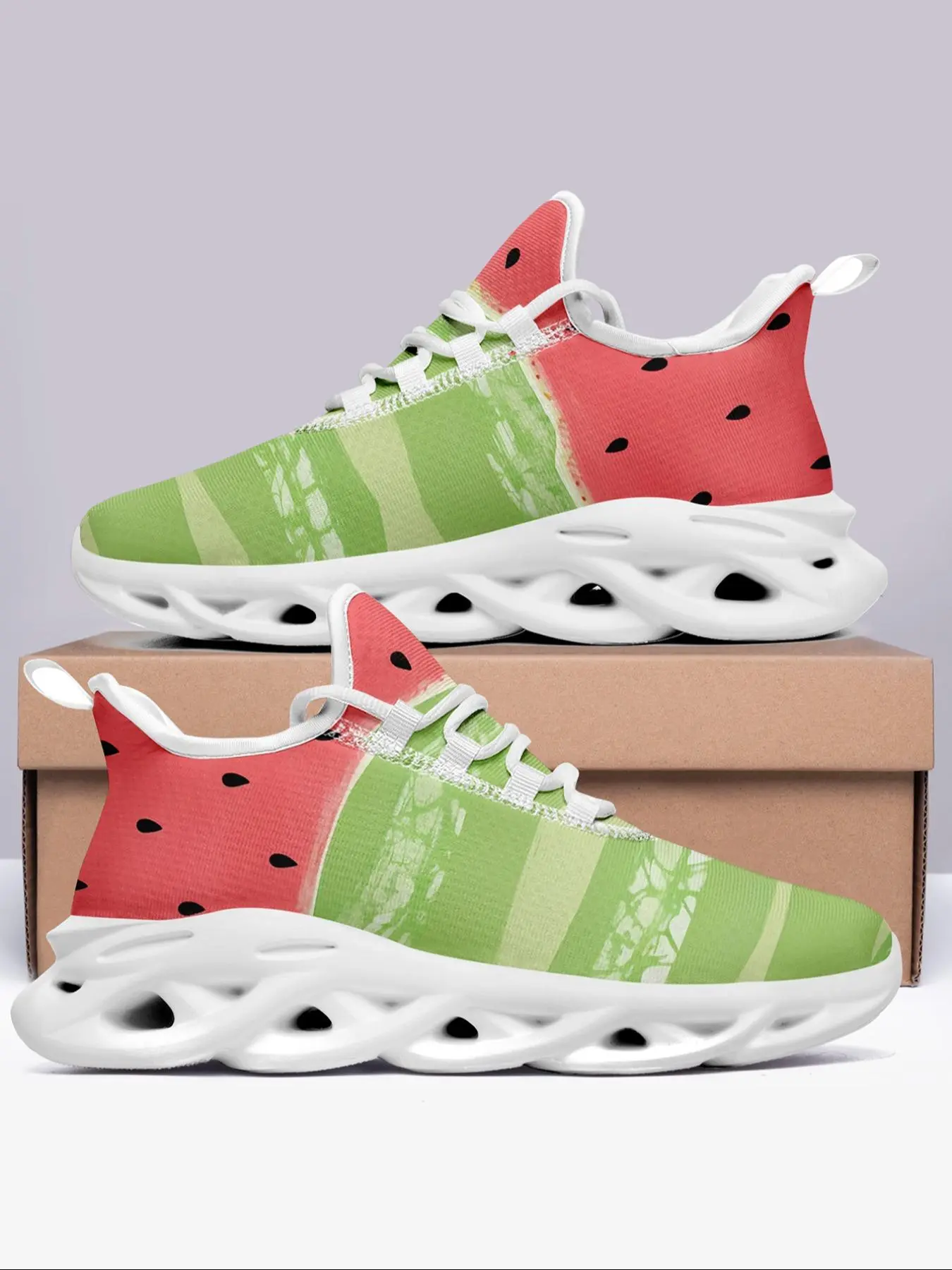 Women's Watermelon & Floral & Shell Print Lace Up Low Top Sneakers, Casual Comfortable Breathable Sports Running Shoes, All-match Round Toe Shoes for Daily Wear