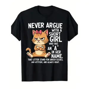 2026 Men's Angry Cartoon Cat Graphic Tee Funny Slogan Black T-Shirt for Cat Lovers Casual Crewneck Soft Breathable Daily Wear Machine Washable