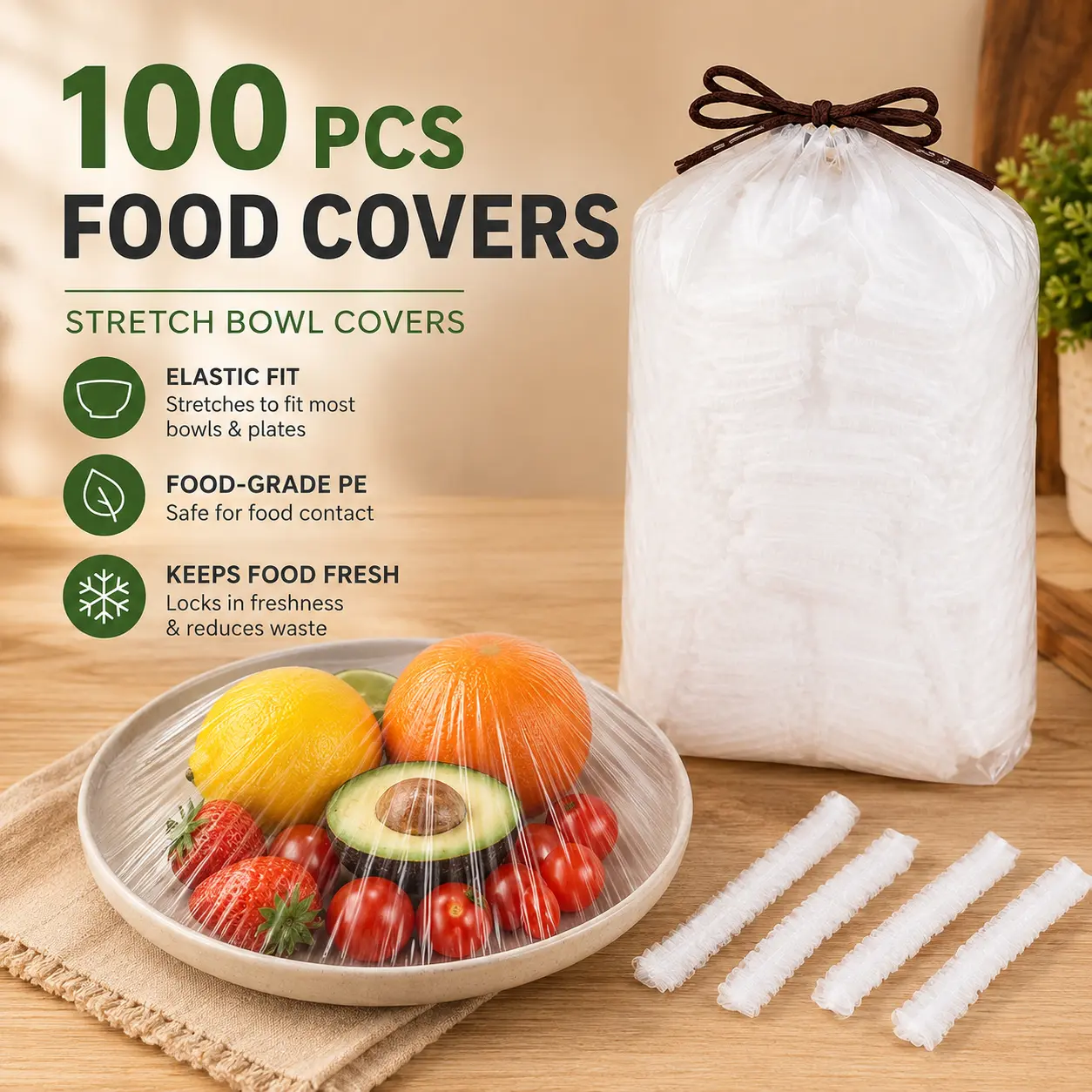 100 disposable stretch food covers, suitable for bowls and dishes; elastic bowl lids that can replace plastic wrap, ideal for storing leftovers, fruits, vegetables, and other kitchen foods.