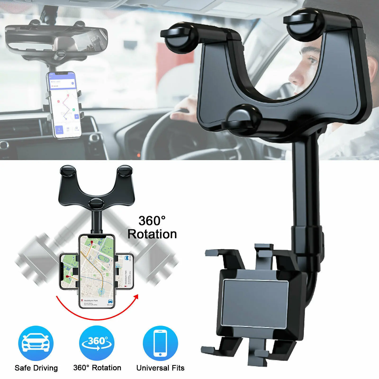 Rear View Mirror Phone Holder Mount, Car Phone Bracket/Stand with 360° Swivel and Adjustable Clips, Universal Smartphone Cradle For Map GPS Navigation, Mount