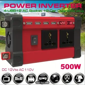 500W Power Inverter DC 12V To AC 110V Car Inverter With 2 Universal Sockets + 4 USB Chargers+Cigarette Lighter Plugs, Power Inverter Led Display, Red