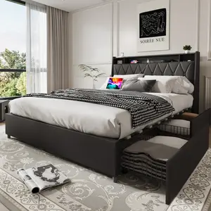Queen Size Bed Frame with Storage and Outlets & Charger, Faux Leather Upholstered Queen Platform Bed with Storage Headboard and 4 Drawers,Metal Bed Frame Queen Size, Noise-Free, No Box Spring Needed