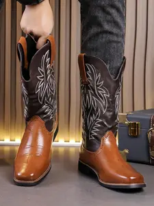 Men's Fashionable Colorblock Patchwork Design Cowboy Boots, Casual Comfortable Round Toe Boots for Daily Wear, Fashion Shoes for Party, Daily Clothing Decor, Closed