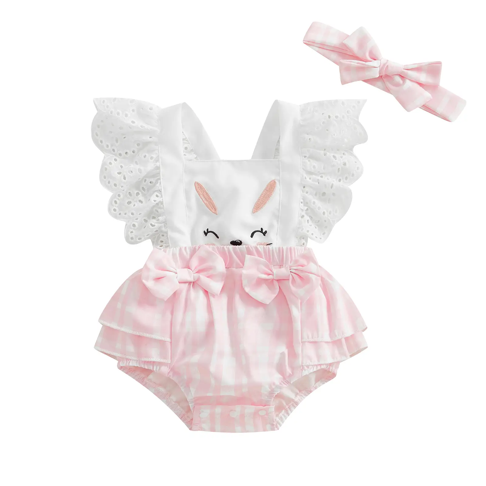 Newborn Baby Girl Easter Outfit Ruffle Sleeveless Carrot Rabbit Embroidery Romper Lace Bodysuit Headband Summer Clothes